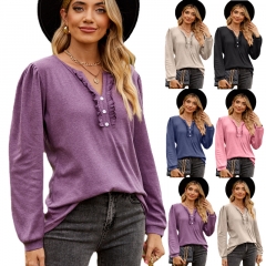 Solid V-neck with button long-sleeved top